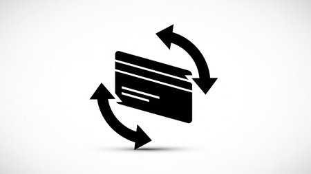 A black icon of a credit card with two curved arrows in a circular motion around it on a white background.の素材