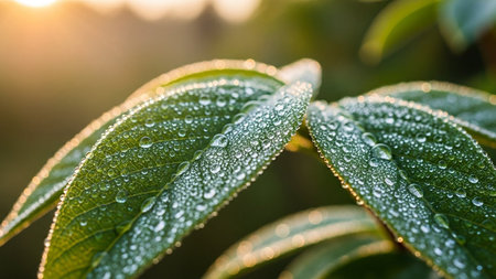 Close-up of vibrant green leaves covered in sparkling dew drops, bathed in warm morning sunlight with a soft bokeh effect.の素材
