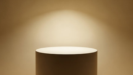 A cylindrical podium glows under a soft spotlight, set against a warm sepia-toned background with a subtle halo effect.の素材