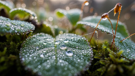 Extreme close-up of glistening dewdrops on textured green leaves and moss, with a soft, blurred bokeh background.の素材