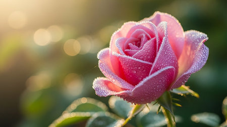 A soft pink rose glistens with dew drops in the gentle morning sun, creating a beautiful bokeh effect in the background.の素材