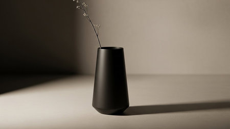 A minimalist black vase with a single delicate stem, set against a soft, neutral background.の素材