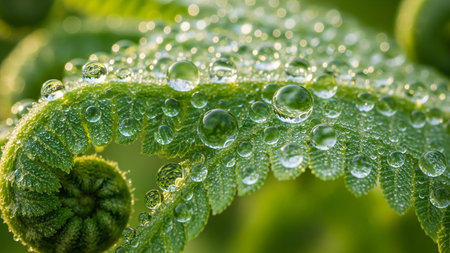 Macro shot of a young, unfurling fern frond covered in many small, clear water droplets, highlighting its intricate texture.の素材