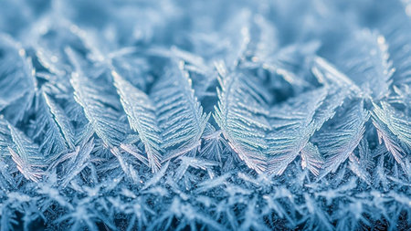 Macro view of intricate blue ice crystals forming delicate fern-like patterns on a surface.の素材