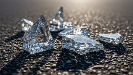Sharp transparent glass shards scattered on a dark asphalt road surface with sunlight reflections.の素材