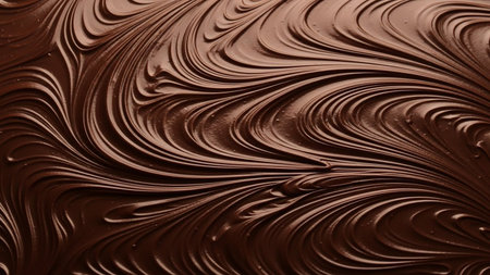 A close-up, swirling pattern of rich dark chocolate frosting with glossy highlights, creating a decadent texture.の素材