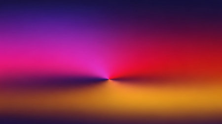 A vibrant abstract background with a radial gradient bursting from a central point, featuring intense purple, pink, red, orange, and yellow colors.の素材