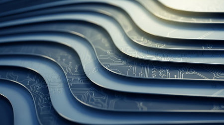 Abstract blue waves with integrated circuitry patterns and a subtle light glare. Clear details and vibrant col...の素材