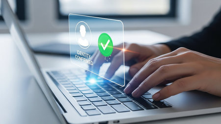Innovation showing person using laptop with identity confirmed verification screen and checkmark keywords: laptop, identity, confirmation,...の素材