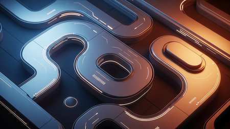 Futuristic 3D circuit board pathways with glowing blue and orange neon light accents create a complex digital...の素材