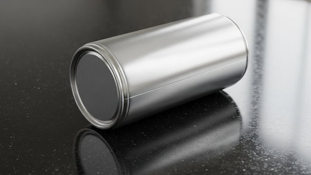 A brushed silver metal can lies horizontally on a dark speckled surface, showing a subtle reflection below.の素材