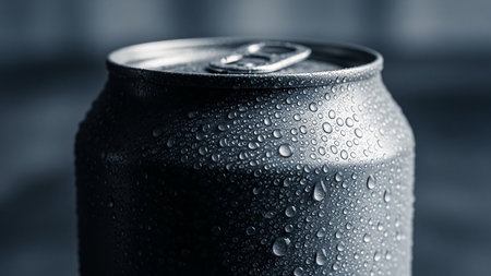 Extreme close-up of a dark beverage can covered in numerous small condensation droplets, highlighting its cold texture.の素材