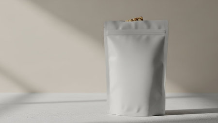 A blank white stand-up pouch bag with a zipper closure is placed on a textured surface with soft shadows.の素材