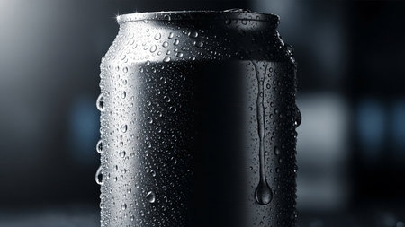 A close-up shot of a dark metal beverage can covered in numerous condensation droplets, highlighting its cool surface.の素材