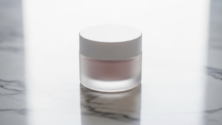 A frosted glass cosmetic jar with a white lid is placed on a reflective marble surface with soft lighting.の素材