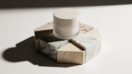 A frosted glass cream jar rests on a circular arrangement of geometric marble and stone blocks.の素材
