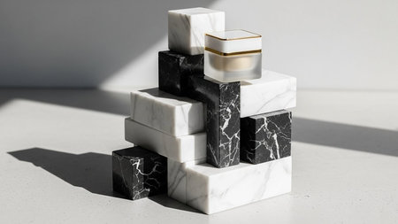 A cosmetic jar sits atop a geometric stack of black and white marble blocks, casting dramatic shadows.の素材