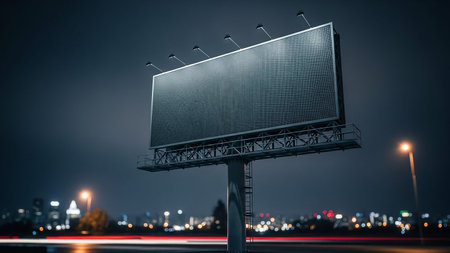 A large, empty billboard stands against a dark night sky, illuminated by street lamps and distant city lights.の素材
