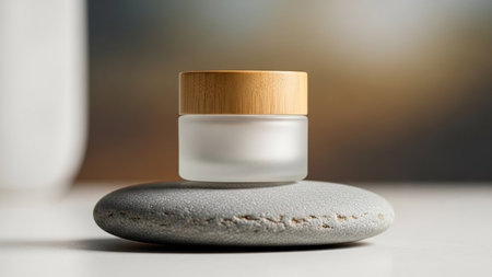 A frosted glass cosmetic jar with a natural bamboo lid rests on a smooth, gray stone, evoking a sense of natural luxury.の素材