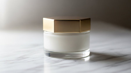 Fdxytru showing jar of cream with gold hexagonal lid on marble. High resolution image suitable for commercial use.の素材