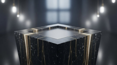 A luxurious black marble pedestal with glowing golden lines and a metallic top, set against a dark, moody background with hanging lights.の素材