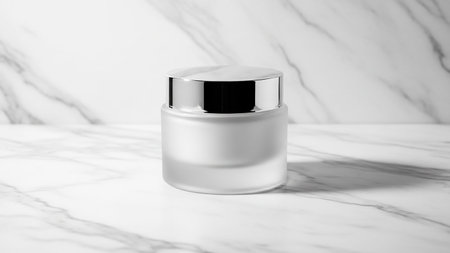 Description: showing frosted glass jar with silver lid on marble surface keywords: jar, frosted, glass, container, cosmetic, cream, moisturizer,...の素材
