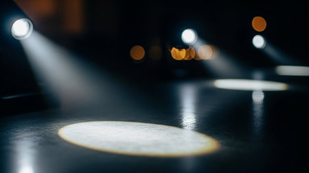 Stage spotlights cast bright beams of light onto a dark floor, with blurred bokeh lights in the background.の素材