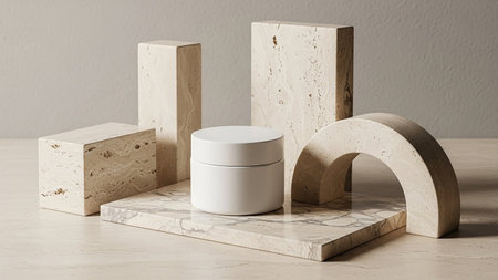 A white cosmetic jar is arranged with geometric stone shapes, including a cube, arch, and rectangles, on marble and travertine surfaces.の素材