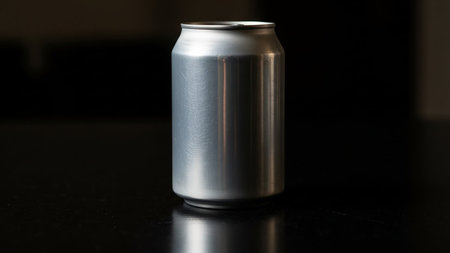 A plain silver aluminum beverage can is positioned on a dark, reflective surface, with soft lighting highlighting its metallic sheen.の素材