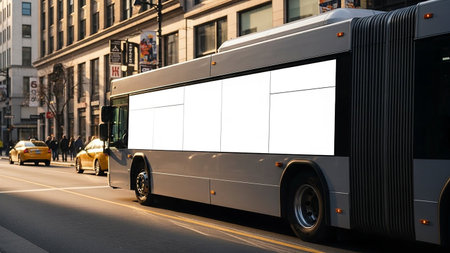 A modern articulated bus travels on a city street, featuring a large blank white advertisement panel on its side.の素材