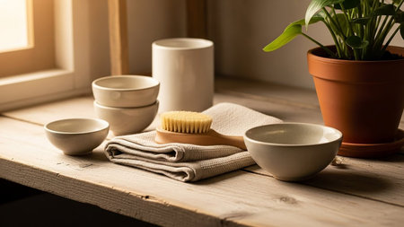 A rustic wooden surface displays ceramic bowls, a skincare brush, a folded towel, and a potted plant in natural light.の素材