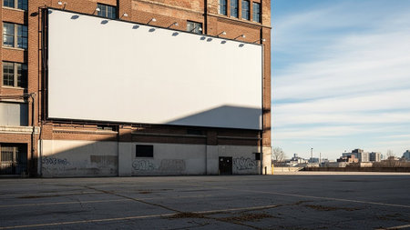 A large, blank white billboard is mounted on the brick wall of an urban building, with graffiti visible on the lower section and an empty lot in front.の素材