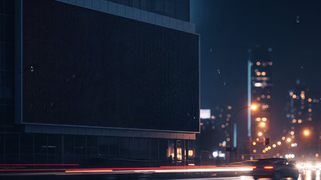 A large, dark outdoor digital billboard is illuminated at night in a city with blurred car lights and distant building lights.の素材