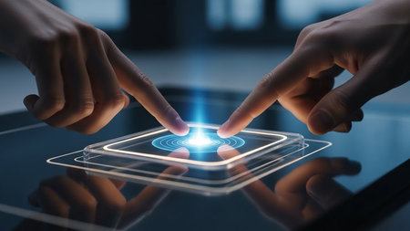 Close-up of two hands reaching out and touching a glowing square digital interface with a bright light in the center.の素材