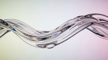 Translucent abstract liquid wave with iridescent reflections on a soft gradient background.の素材