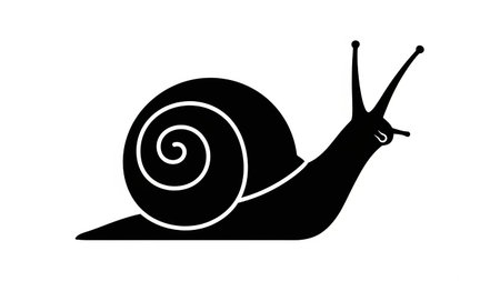 A black silhouette of a snail with a swirled shell and antennae on a white background.の素材