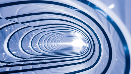 A futuristic blue tunnel with repeating oval structures leading to a bright light at the end.の素材