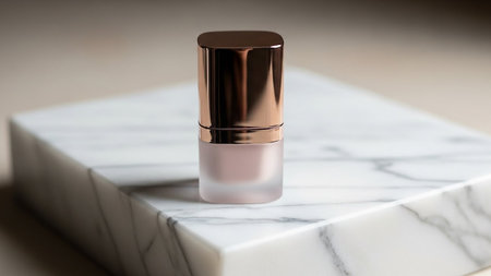 A single, elegant cosmetic bottle with a rose gold cap and frosted glass body rests on a polished marble slab.の素材