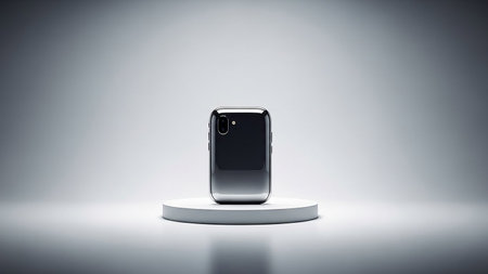 Display showing sleek silver smartphone on a white display pedestal. High resolution image suitable for commercial use.の素材