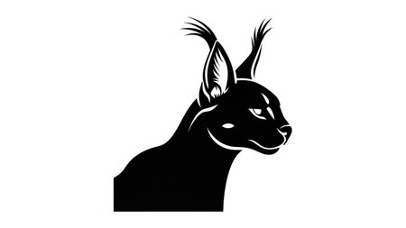 Stylized black caracal head and neck profile with prominent ear tufts on a white background.の素材