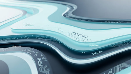 Abstract futuristic technology pathways resembling circuit boards with glowing blue and gray accents.の素材