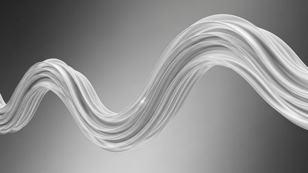 A smooth, white, wavy ribbon flows dynamically against a soft grey gradient background.の素材