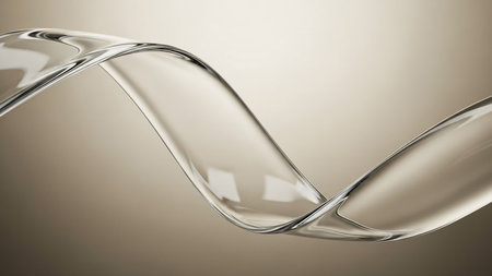 Smooth transparent wavy ribbon with subtle reflections and soft lighting on a neutral gradient background.の素材