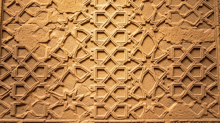 A close-up view of a textured sandstone carving featuring intricate geometric Islamic star patterns with a rough, weathered appearance.の素材