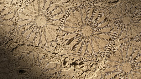 A textured beige wall with deeply carved geometric Islamic patterns showing cracks and weathered details.の素材