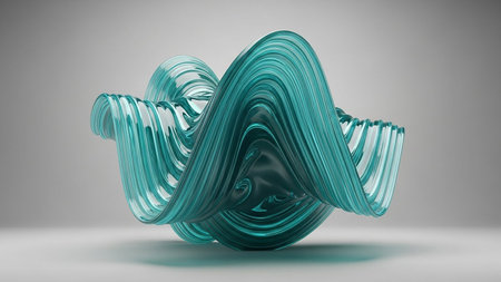 A complex, abstract sculpture made of swirling, twisted teal glass ribbons sits on a gray studio surface.の素材
