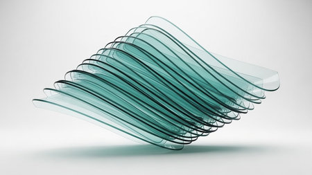 Stacked slices of teal glass forming an abstract layered shape with smooth curves on a white background.の素材