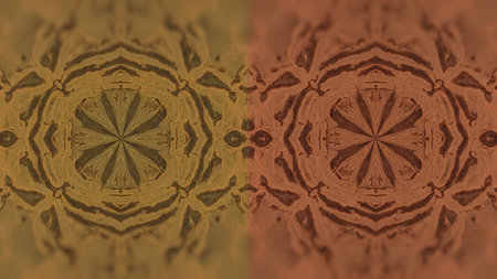 Two symmetrical mandala-like patterns in sepia and earthy tones, creating an abstract, textured, and visually intricate design.の素材