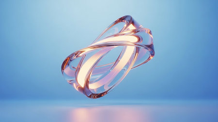 3D render of a twisted glass ring with an internal orange glow on a soft blue background.の素材