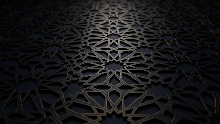A dark background features an intricate geometric Islamic pattern with a subtle golden outline, creating a sense of depth and shadow.の素材